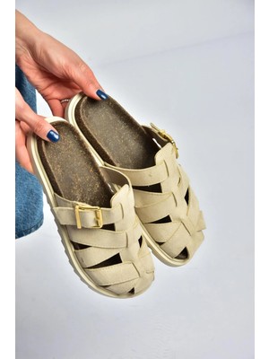 Fox Shoes Y596549502 Bej Süet Tokalı Önü Kapalı Kadın Terlik