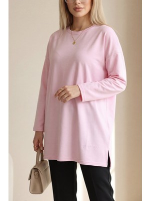 Moda Morfo Eteği Kalp Detaylı Yırtmaçlı Salaş Penye Tunik -Pembe