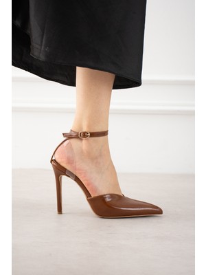 Seniorah Strap Krem cilt bilek Kemerli Dekolte Kesim Kadın Topuklu Ayakkabı