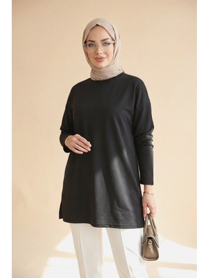 Moda Morfo Eteği Kalp Detaylı Yırtmaçlı Salaş Penye Tunik -Siyah