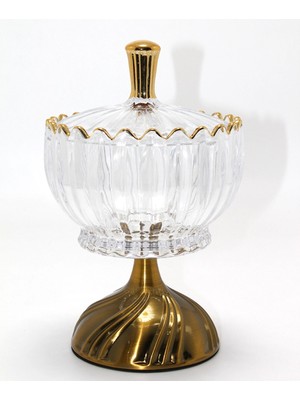Özbience Şeffaf Kristal Cam Şekerlik, Metal Ayaklı ve Gold Detaylı Sunumluk