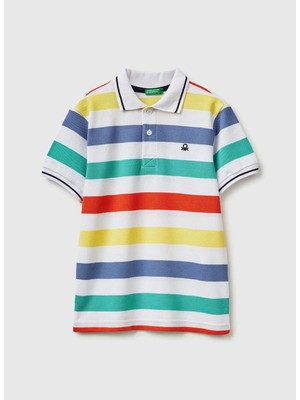United Colors Of Benetton Beyaz - Çok Renkli Erkek Çocuk Çizgili Polo T-Shirt 37JJC3023