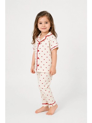 Dinamik çocuk Kız Çocuk/bebek Kalp Desenli Kısa Kollu Yazlık Pijama Takımı 2'li Alt Üst Takım Ekru Biyeli 6-24AYLIK/3-6YAŞ