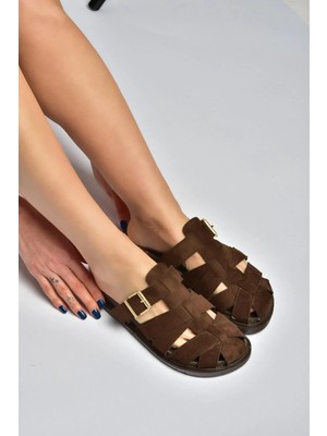 Fox Shoes Y596549502 Kahverengi Süet Tokalı Önü Kapalı Kadın Terlik