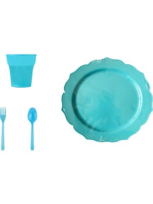 Omeyva 36 Cm. Plastik Mika Turkuaz Sorfa Piknik Seti - 72 Kişilik Tabak Bardak Çatal Kaşık Takımı