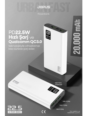 Jopus 20000MAH Powerbank Pd 22.5W Hızlı Şarj - Dijital Ekranlı - Taşınabilir Şarj Cihazı - Beyaz JP-P12