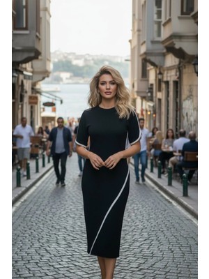 Mossta Asimetrik Kesim Midi Viskon Iki Iplik Elbise - Siyah