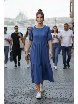 Mossta Kısa Kollu Bürümcük Balon Elbise - Saks