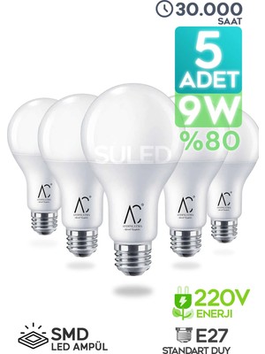 Mikasso LED Ampül 5 Adet 9W Smd Süper Parlak LED Beyaz Işık 6500K Tasarruflu Lamba