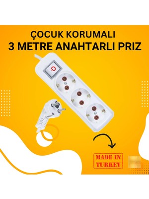 Mikasso Grup 3'lü Ara Kablo Anahtarlı Topraklı Üçlü Priz (3 Metre) Beyaz