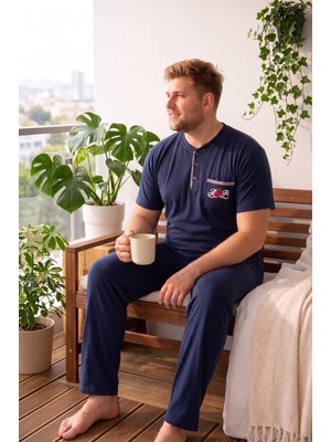 Bie's Erkek Büyük Beden 3 Düğmeli Pamuklu Likra Kısa Kol Cepli Pijama Takımı