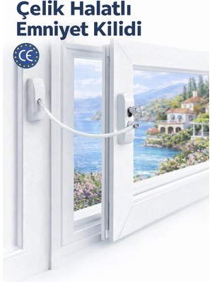 Mikasso Beyaz Çelik Halatlı Pencere Kilidi Emniyet Kilidi Çocuk Güvenlik Kilidi Cam Balkon Kapı Kilidi