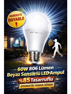 Mikasso 60W Sensörlü LED Ampul Beyaz Işık 806 Lümen Hareket Algılayıcılı Otomatik Tasarruflu
