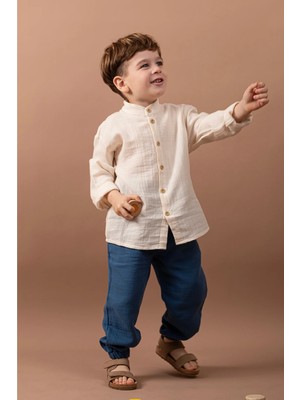 Vauva %100 Pamuk Müslin Erkek Çocuk Takım Düğmeli Gömlek Lastikli Pantolon 1-6 Yaş
