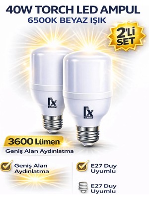 Mikasso 40W Torch LED Ampul Beyaz Işık 6500K /ferled Fx /yüksek Lümen Güçlü Aydınlatma /2 Li Set