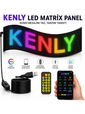 Kenly 35X10 cm Programlanabilir LED Matrix Kayan Yazı Paneli – 20X64 Pixel, Bluetooth Uygulama Kontrollü, Emoji & Animasyon Destekli Rgb LED Tabela