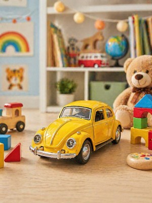 Biton Toptan 12 cm Metal Klasik Vosvos Araba Sarı Çek Bırak Oyuncak Araba Açılır Kapılı Die Cast Model Araba