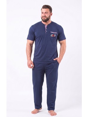 Bie's Erkek Büyük Beden 3 Düğmeli Pamuklu Likra Kısa Kol Cepli Pijama Takımı