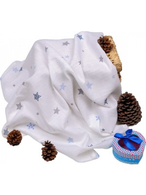Renklime Sema Baby Çok Amaçlı Müslin Örtü 100X80 cm - Mavi Yıldız 8682476853131