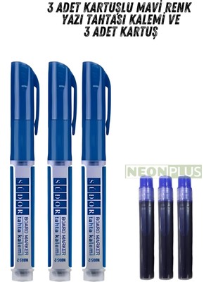 Özbience Mavi Renkli Yazı Tahtası Kalemi Seti, 3'lü ve Kartuşlu