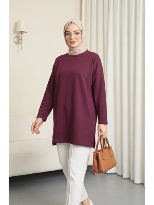 Moda Morfo Eteği Kalp Detaylı Yırtmaçlı Salaş Penye Tunik -Mürdüm