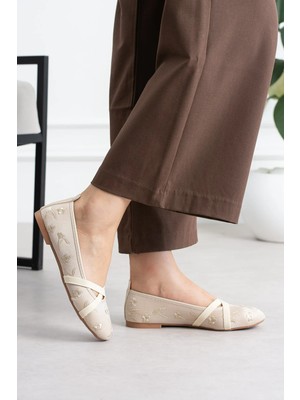 Shoetek Mowen Kadın Babet Çapraz Lastik Bantlı Desenli Bej Saten
