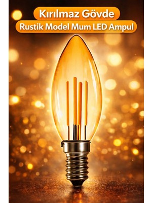 Mikasso 5W 400 Lümen Mum Model Rustik LED Ampul – Sarı Işık | Kırılmaz Gövde Dekoratif Ampul Vintage