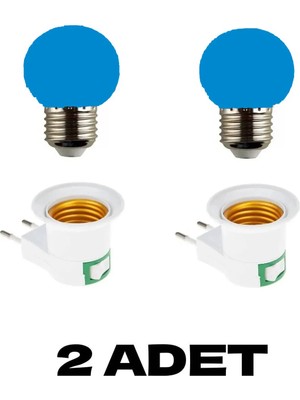 Mikasso Anahtarlı Fişli Duy + 1 W Mavi Renkli E27 Duy LED Ampul 2 Adet