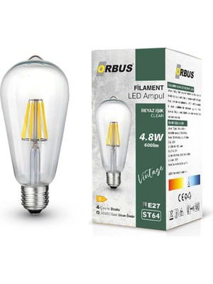 Mikasso STB64 4.8W E27 LED Ampul Clear Beyaz Işık 600LM