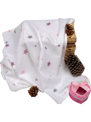 Renklime Sema Baby Çok Amaçlı Müslin Örtü 100X80 cm - Pembe Yıldız 8682476853124