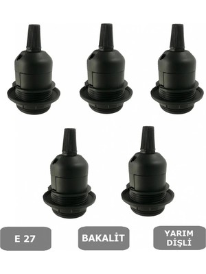 Mikasso E27 Duy Geçmeli Yarım Diş Avize, Abajur, Lambader Duyu Halkalı - Bakalit Siyah (250V-4A) 5 Adet