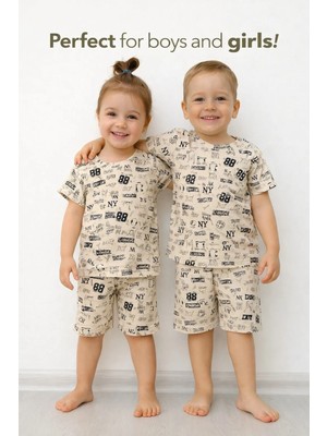 Aden Kids Kız Erkek Cocuk Yazı Baskılı Yazlık Pijama Takımı