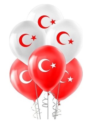 Vatan Bayrak Desenli Ay Yıldız Çift Taraflı Baskılı Balon 32 cm Kırmızı Beyaz Renk 10 Adet