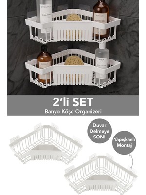 Meleni Home 2'li Yapışkanlı Banyo Organizer - Şampuanlık Sabunluk Düzenleyici Duş Rafı Organizer Köşelik Beyaz