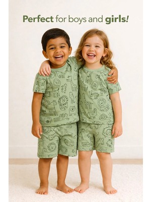 Aden Kids Kız Erkek Cocuk Yeil Saferi Baskılı Yazlık Pijama Takımı