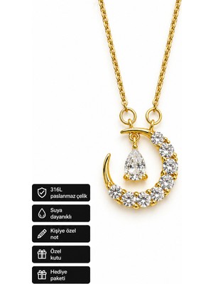 Herşey Nota Zirkon Taşlı Damla Detaylı Gold Renk Çelik Kolye Hediye Seçeneği