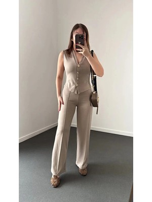 Paw Garage Kadın Gold Düğme Detaylı Yelekli Palazzo Pantolon Takım - Yazlık Soft Modal Kumaş