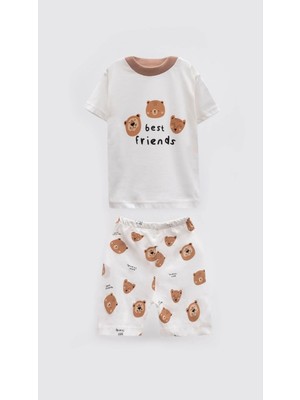 Aden Kids Unisex Bebek ve Çocuk Ayıcık Desenli Yazlık Pijama Takımı - Best Friends 0-4 Yaş