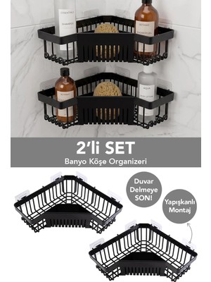 Meleni Home 2'li Yapışkanlı Banyo Organizer - Şampuanlık Sabunluk Düzenleyici Duş Rafı Organizer Köşelik Siyah