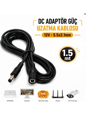 Anktek Dc Adaptör Güç Uzatma Kablosu 5.5x2.1mm 12V Kamera LED Şerit Monitör Router... 1.5 mt