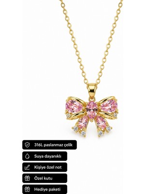Herşey Nota Pembe Taşlı Butterfly Figürlü 316L Çelik Kolye Hediye Seçeneği