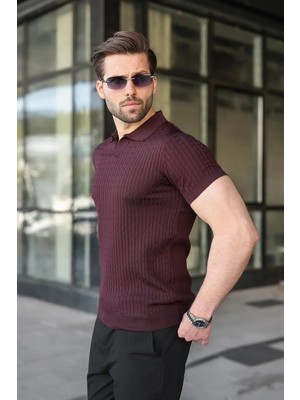 Madmext Mürdüm Slim Fit Polo Yaka Triko Erkek Tişört E7472