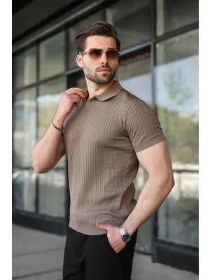 Madmext Açık Kahverengi Slim Fit Polo Yaka Triko Erkek Tişört E7472
