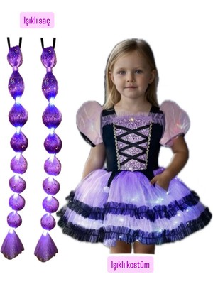 3b Kids Kuromi Işıklı Kostüm Elbise + Işıklı Mor Kuromi Saç Seti Doğum Günü Düğün Parti Seti