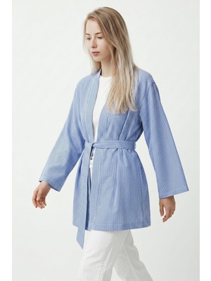 Saade Mavi Kadın Dikey Çizgili Geniş Kollu Şık Yazlık Relaxed Kimono