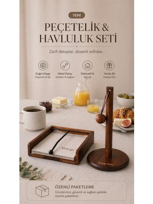 Mottogo Akasya Peçetelik & Kağıt Havluluk Seti Metal Detaylı Masa Üstü Organizer 18X18