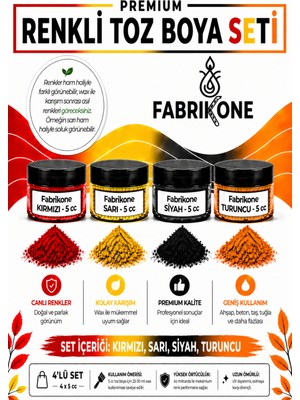 Fabrikone 4'lü Set Premium Parafin Soya Wax Toz Mum Boyası Hobi Seti - 5 cc (Kırmızı, Sarı, Siyah, Turuncu) BKFAB4KSRST5G