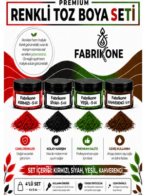 Fabrikone 4'lü Set Premium Parafin Soya Wax Toz Mum Boyası Hobi Seti - 5 cc (Kırmızı, Siyah, Yeşil, Kahverengi) BKFAB4KSYKH5G
