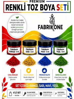 Fabrikone 4'lü Set Premium Parafin Soya Wax Toz Mum Boyası Hobi Seti - 5 cc (Kırmızı, Sarı, Mavi, Yeşil) BKFAB4KSRMY5G