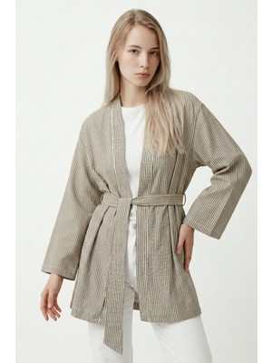 Saade Haki Kadın Dikey Çizgili Geniş Kollu Şık Yazlık Relaxed Kimono